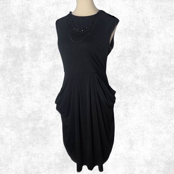 BCBGMAXAZRIA Black Draped Sheath Dress – M | Beaded Collar + Pockets | Luxe Glam - Picture 7 of 9